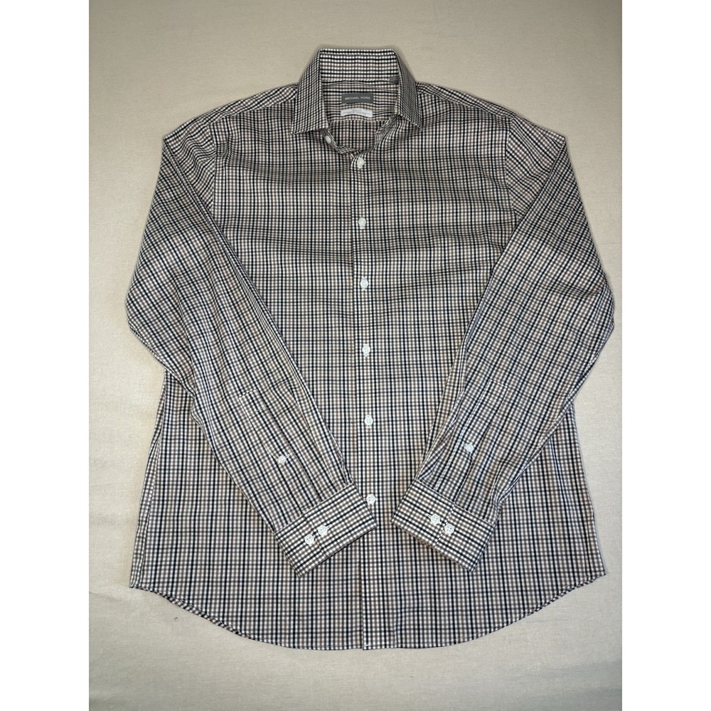 Michael Kors Travel Stretch Slim Brown/White Check Dress Shirt 16 34/35.  0033